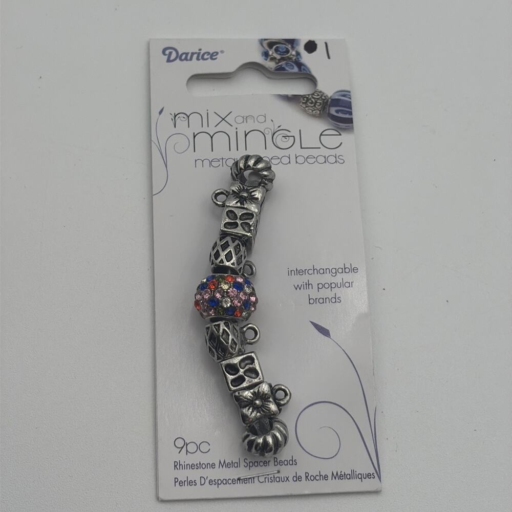 9 pc Darice° Mix and Mingle metal lined beads Silver Rhinestone AJM-BG3215